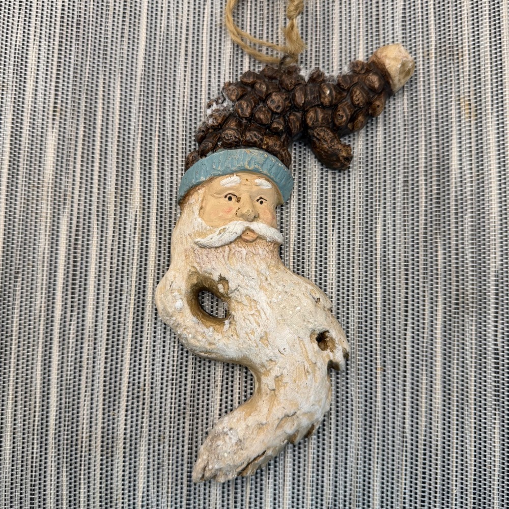 Rustic Santa Claus Ornament Driftwood Pinecone Style Hand Painted 7.5 Inch Blue